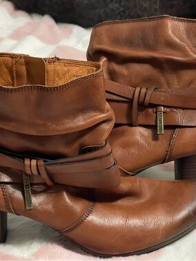 PIKOLINOS Tan Brown Leather Slouch Ankle Boots with Wrap Strap